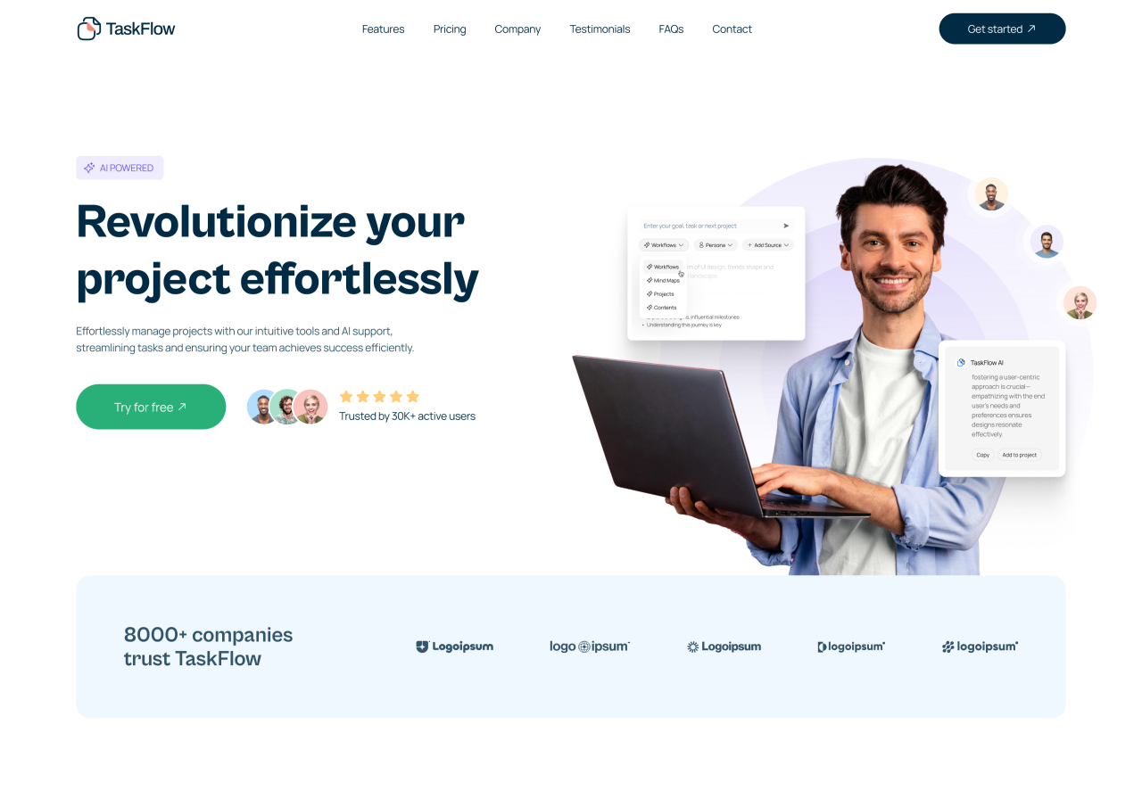 Saas marketing landing page design for AI powered project management tool.