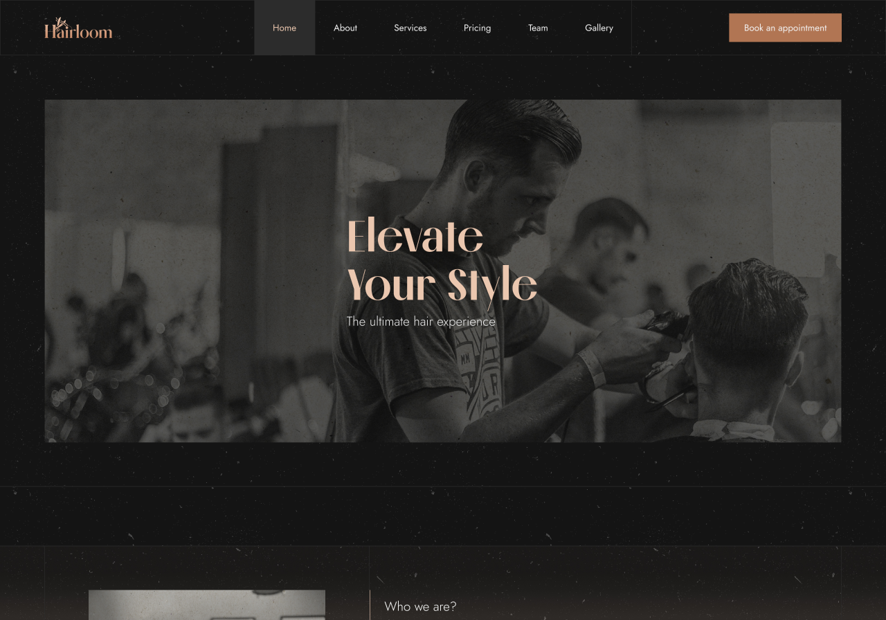 Full marketing landing page website for a premium hair saloon brand.