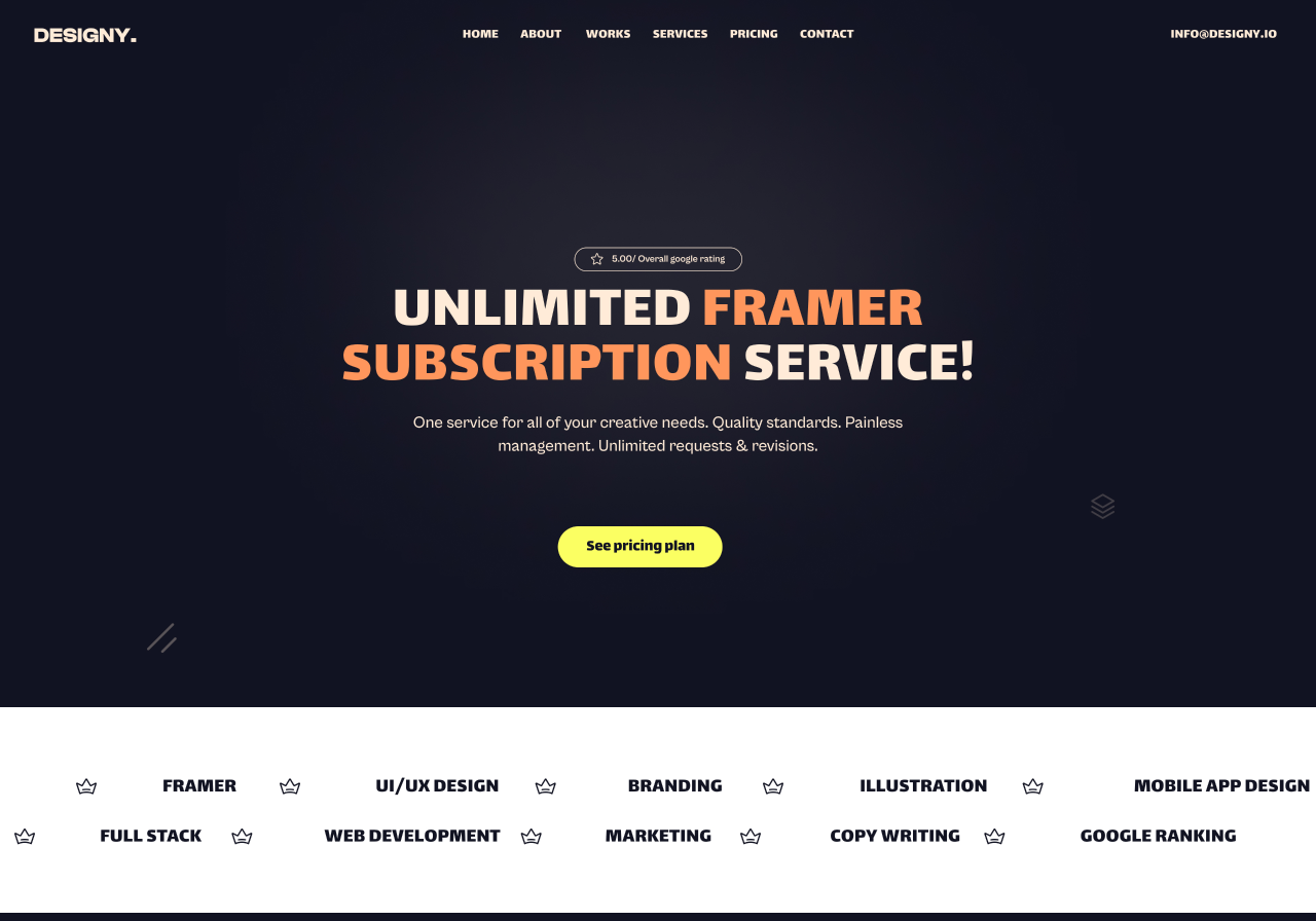 Marketing landing page website for a framer subscription service